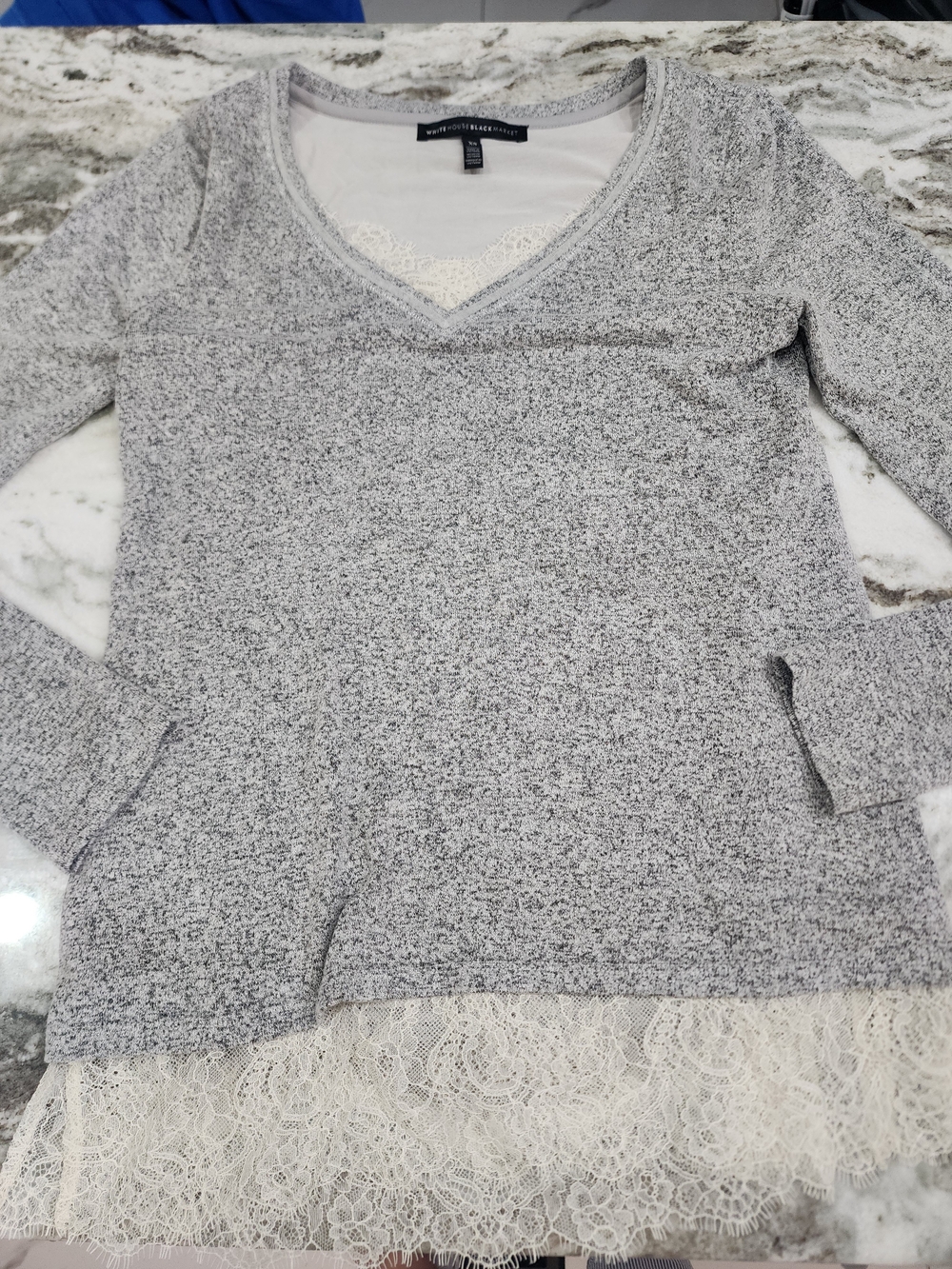 White House Black Market Gray Marled V-Neck Sweater with Lace Trim